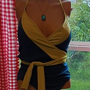 Two by Vince Camuto Halter Wrap Bodysuit - Navy and Mustard